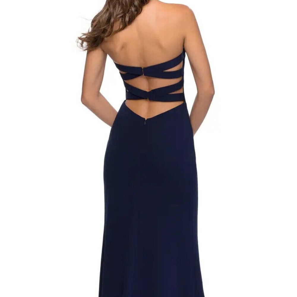 La Femme Navy Blue Cross Back Strapless Jersey Evening Dress Prom